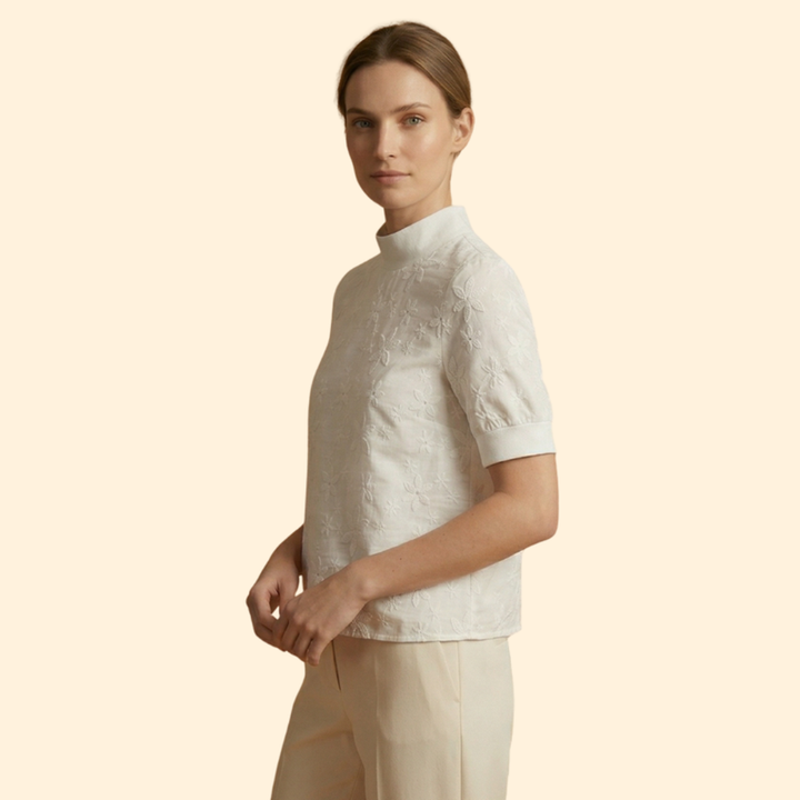 Women’s Short Sleeve Blouse with Stand Collar