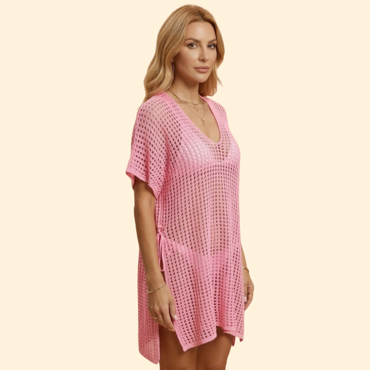 Women’s Short Sleeve Cover Up Dress with Sheer Knit