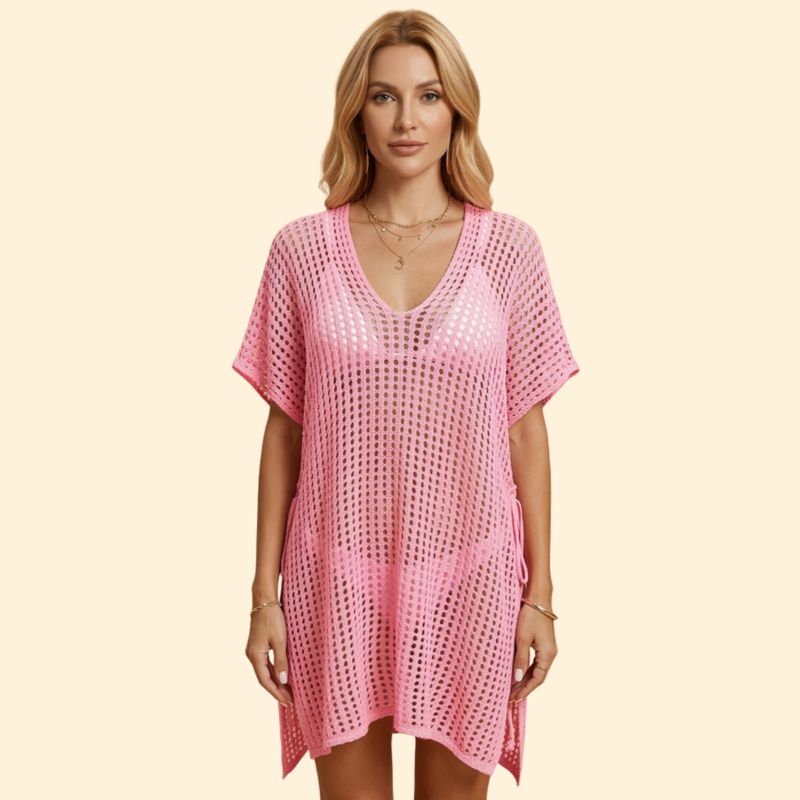 Women’s Short Sleeve Cover Up Dress with Sheer Knit