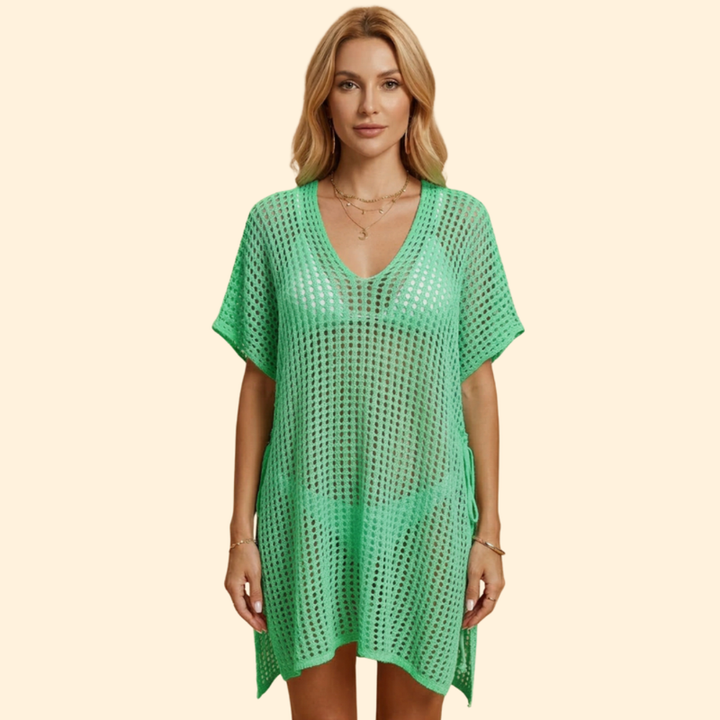 Women’s Short Sleeve Cover Up Dress with Sheer Knit