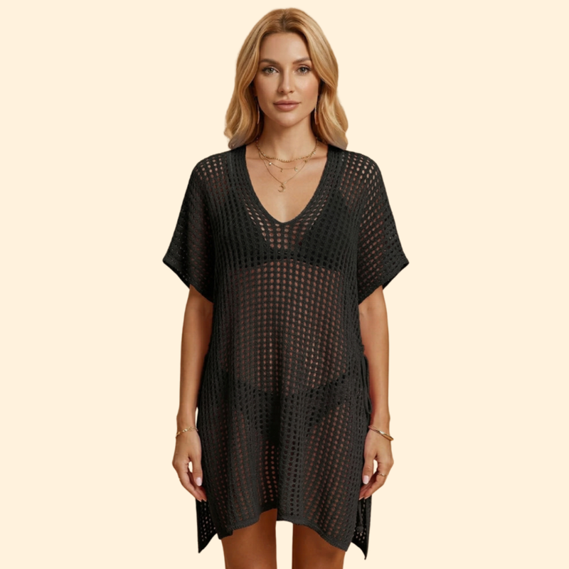 Women’s Short Sleeve Cover Up Dress with Sheer Knit