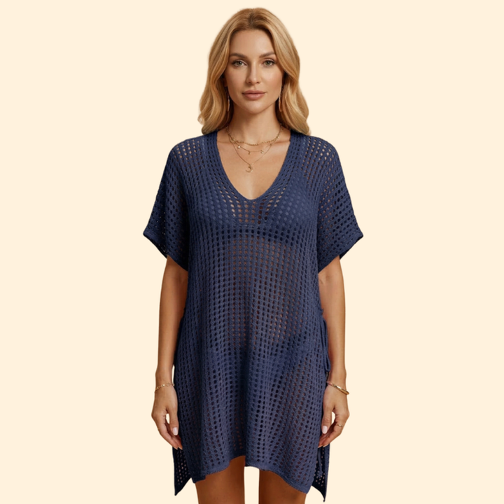 Women’s Short Sleeve Cover Up Dress with Sheer Knit