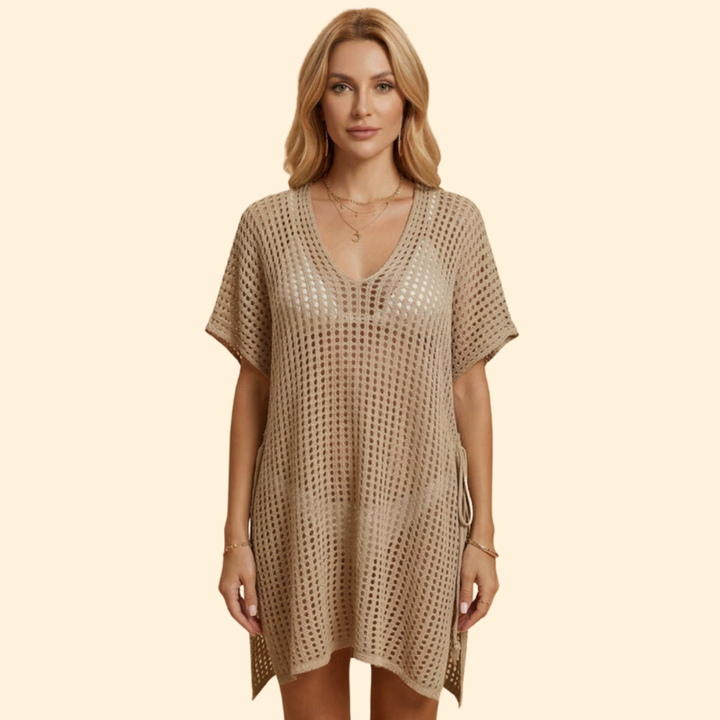 Women’s Short Sleeve Cover Up Dress with Sheer Knit