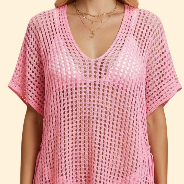 Women’s Short Sleeve Cover Up Dress with Sheer Knit