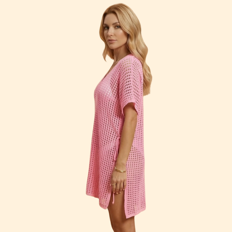 Women’s Short Sleeve Cover Up Dress with Sheer Knit