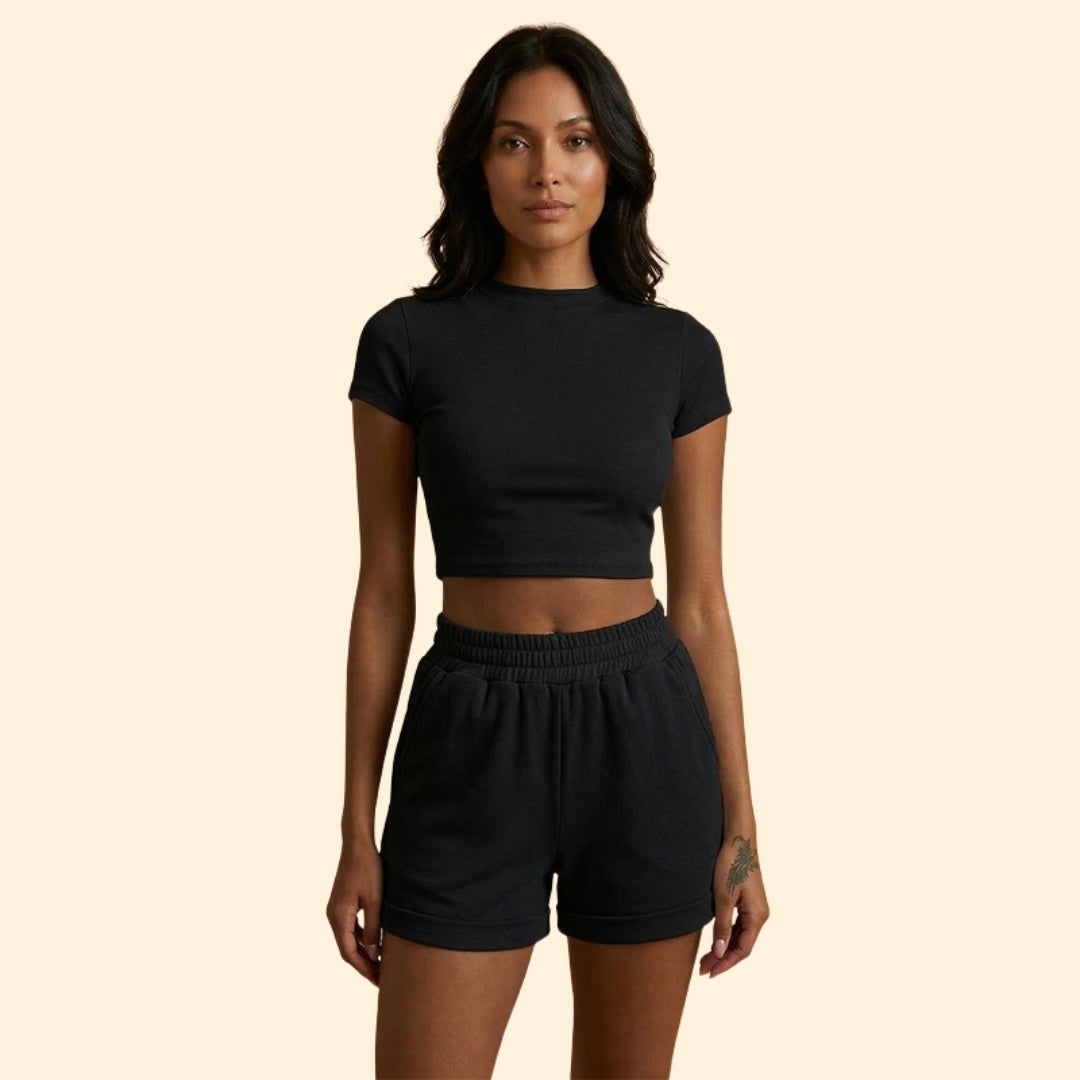 Women’s Short Sleeve Crop Top with Elastic Waist Shorts