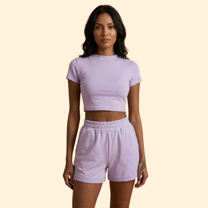 Women’s Short Sleeve Crop Top with Elastic Waist Shorts