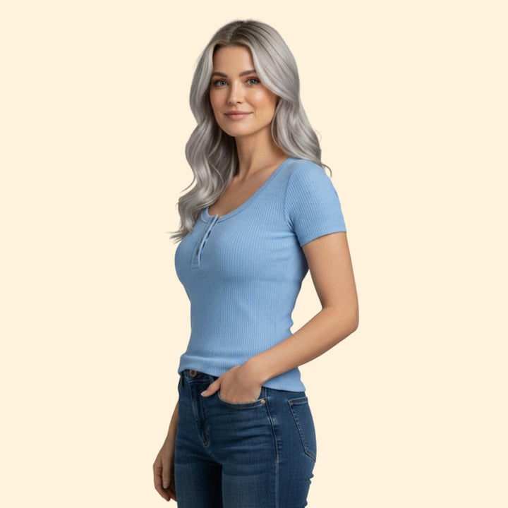Women’s Short Sleeve Henley T-Shirt with Ribbed Texture
