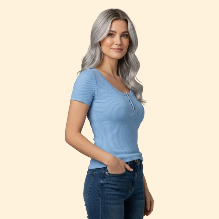 Women’s Short Sleeve Henley T-Shirt with Ribbed Texture