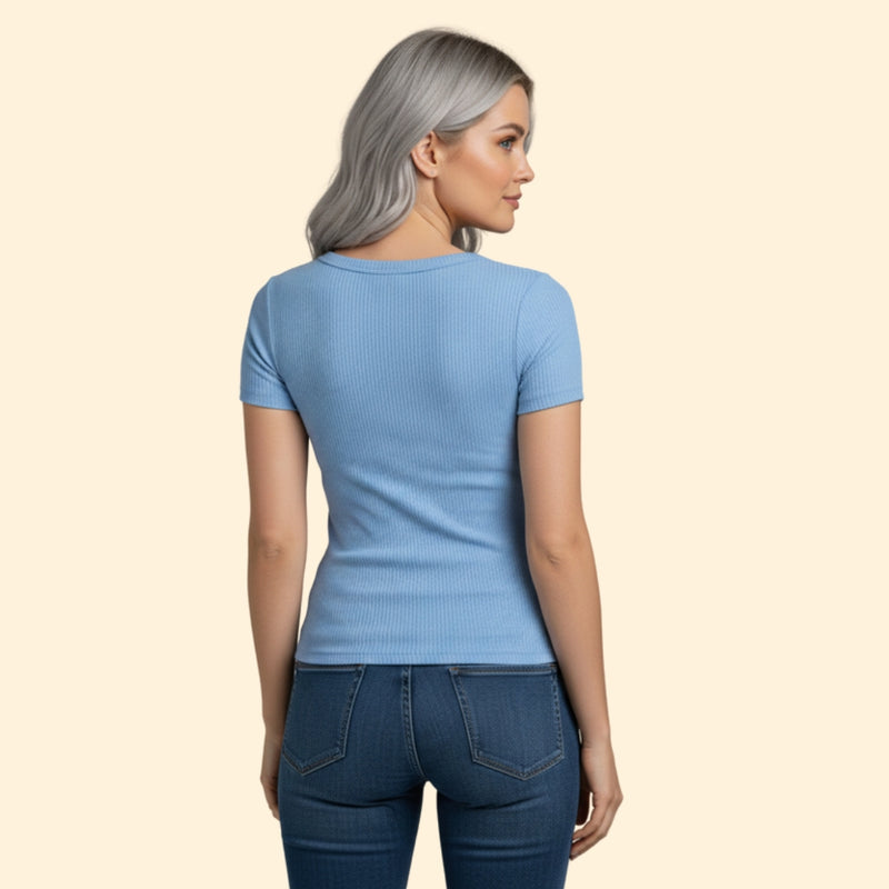 Women’s Short Sleeve Henley T-Shirt with Ribbed Texture