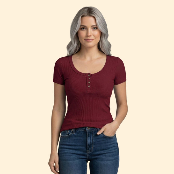 Women’s Short Sleeve Henley T-Shirt with Ribbed Texture