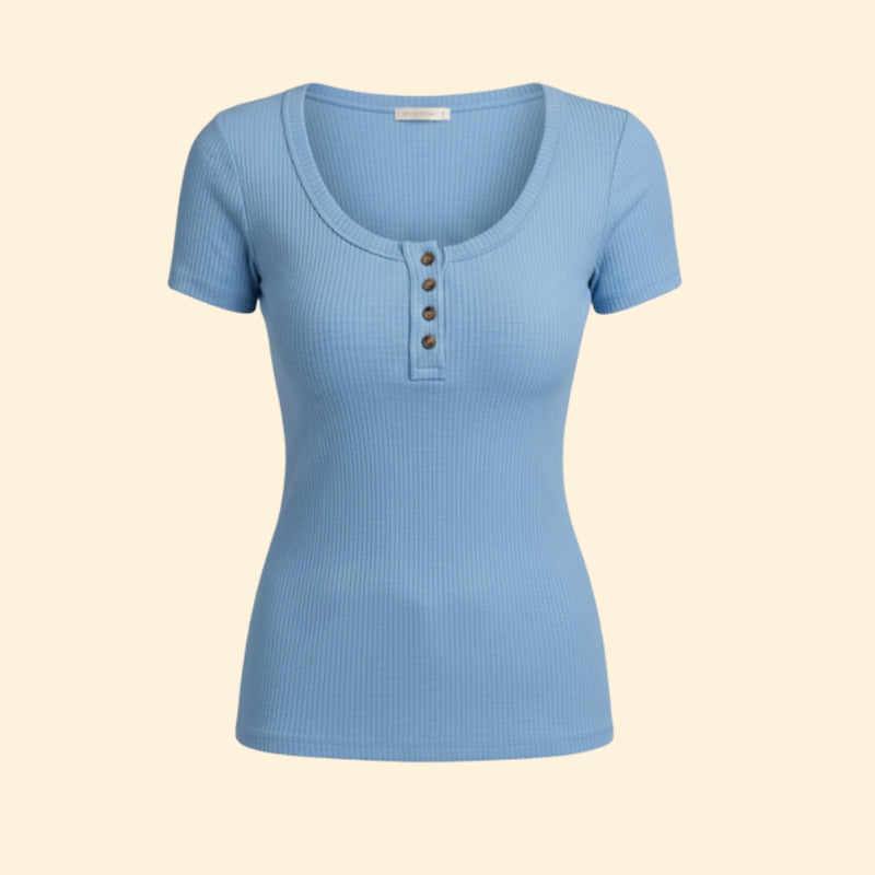 Women’s Short Sleeve Henley T-Shirt with Ribbed Texture