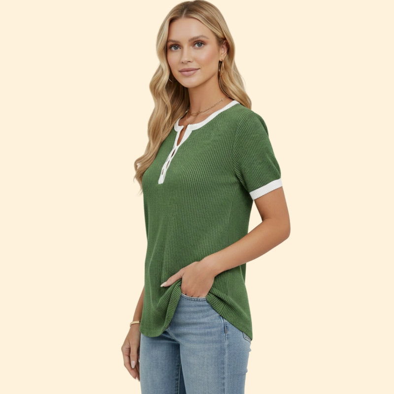 Women’s Short Sleeve Top with Henley Button Detail