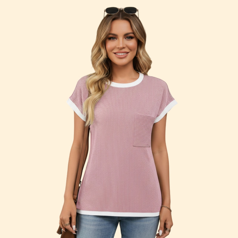 Women’s Short Sleeve Top with Ribbed Design and Pocket
