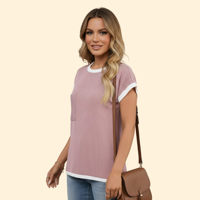 Women’s Short Sleeve Top with Ribbed Design and Pocket