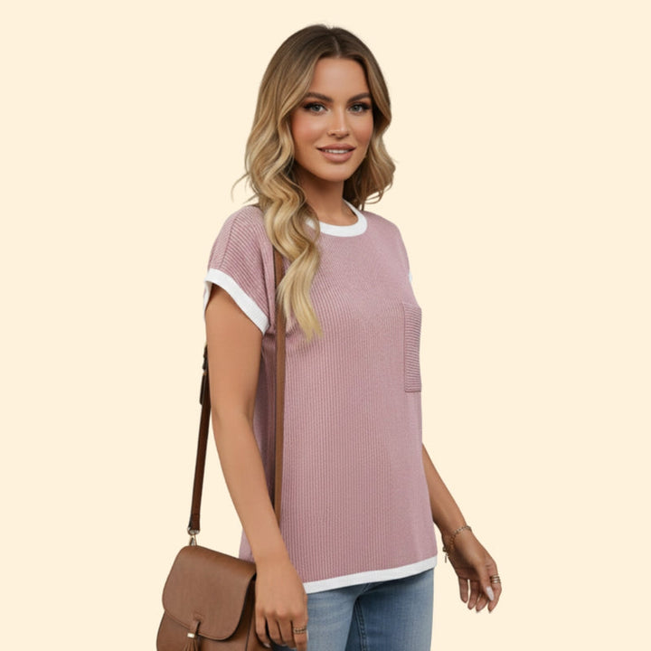 Women’s Short Sleeve Top with Ribbed Design and Pocket