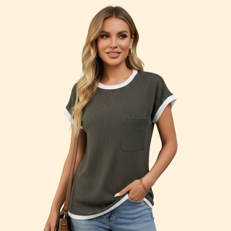 Women’s Short Sleeve Top with Ribbed Design and Pocket