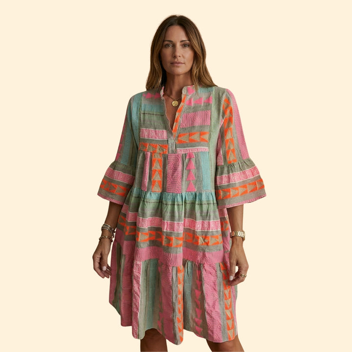 Women's Short Smock Dress with Three-Quarter Sleeves