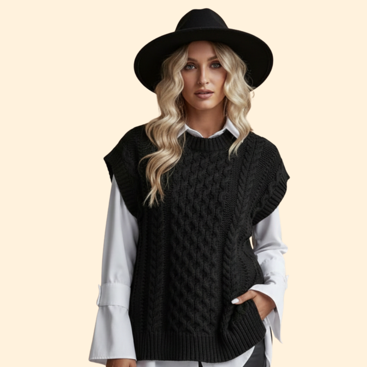 Women’s Sleeveless Cable Knit Vest with Round Neck