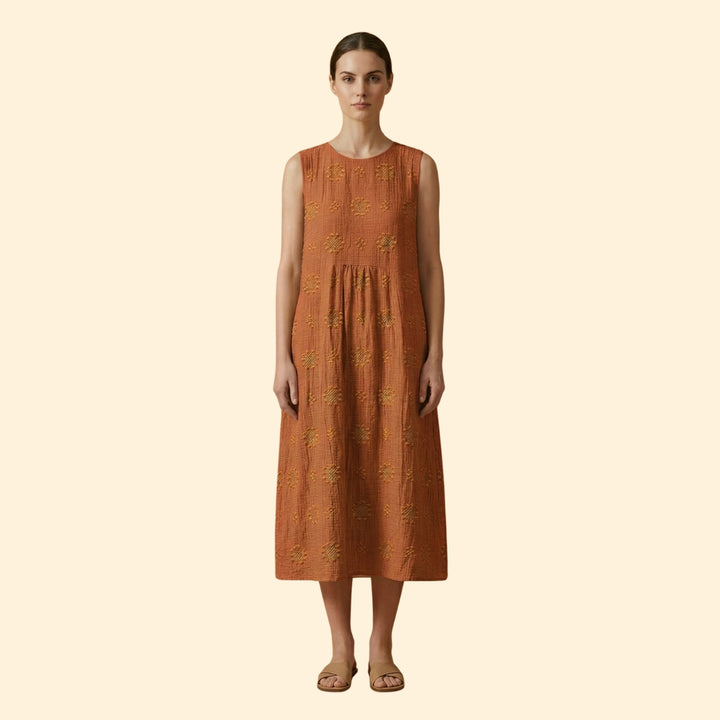Women's Sleeveless Dress with Floral Embroidery