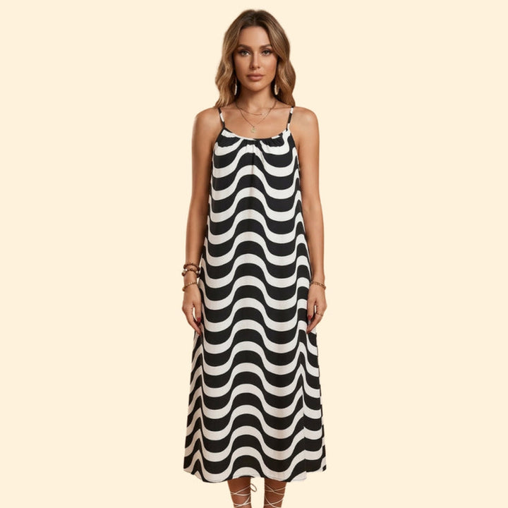 Women’s Sleeveless Midi Dress with Wave Pattern