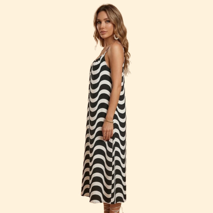 Women’s Sleeveless Midi Dress with Wave Pattern