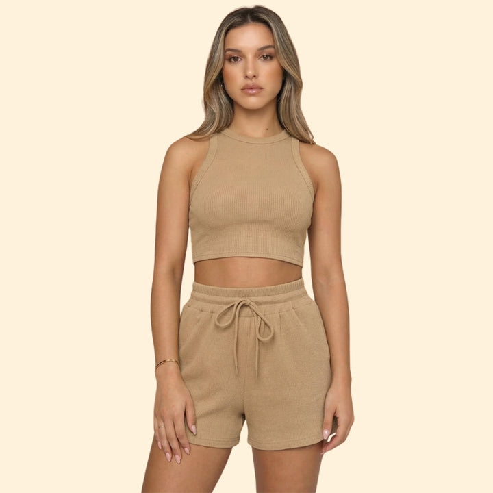 Women’s Sleeveless Top with High Neck and Elastic Shorts