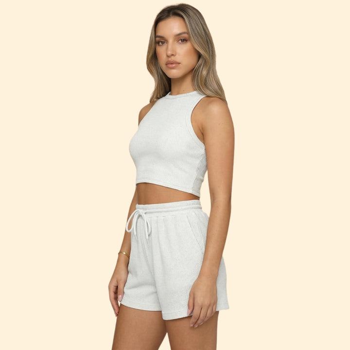 Women’s Sleeveless Top with High Neck and Elastic Shorts