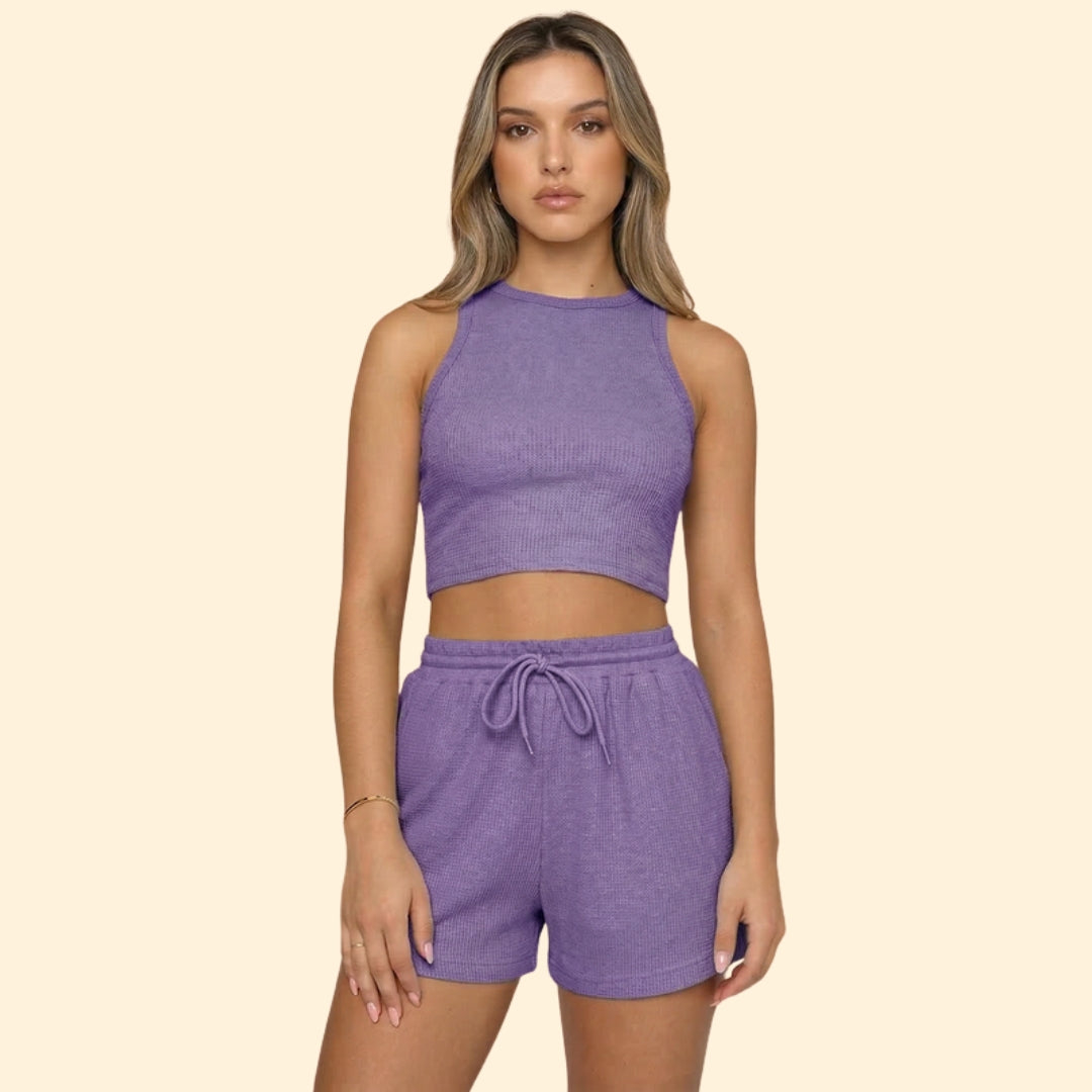 Women’s Sleeveless Top with High Neck and Elastic Shorts