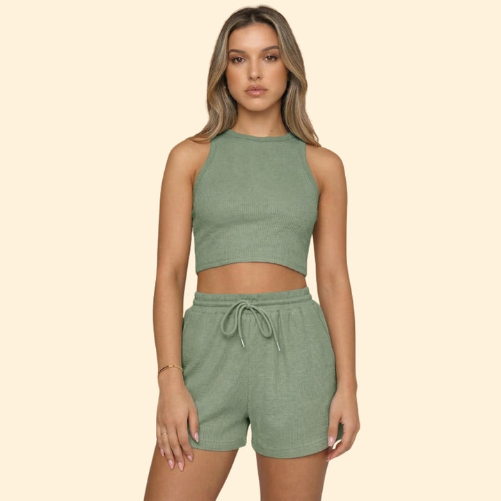 Women’s Sleeveless Top with High Neck and Elastic Shorts