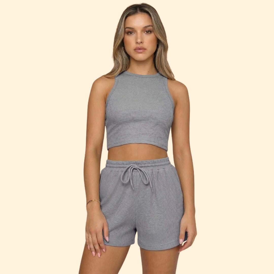 Women’s Sleeveless Top with High Neck and Elastic Shorts