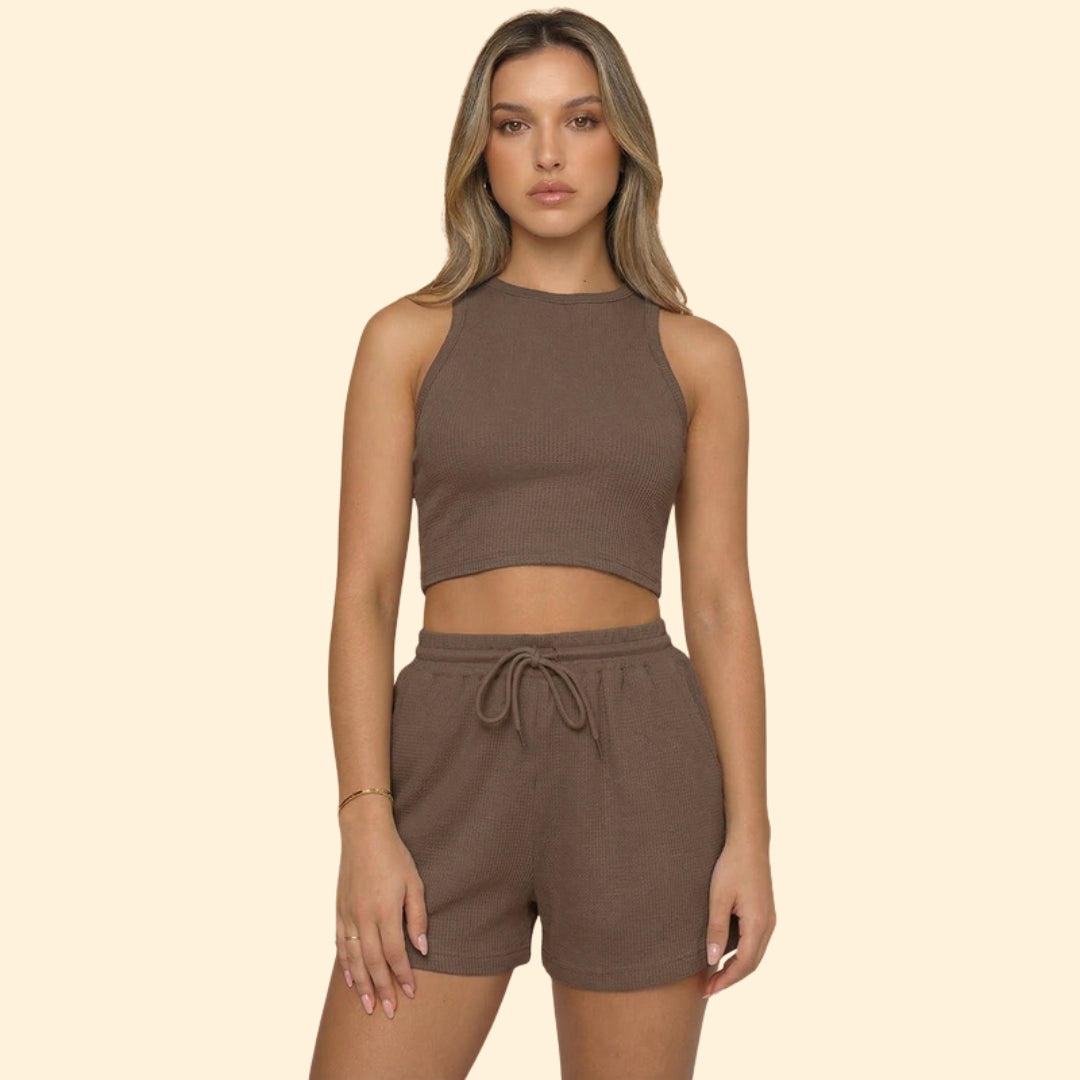 Women’s Sleeveless Top with High Neck and Elastic Shorts