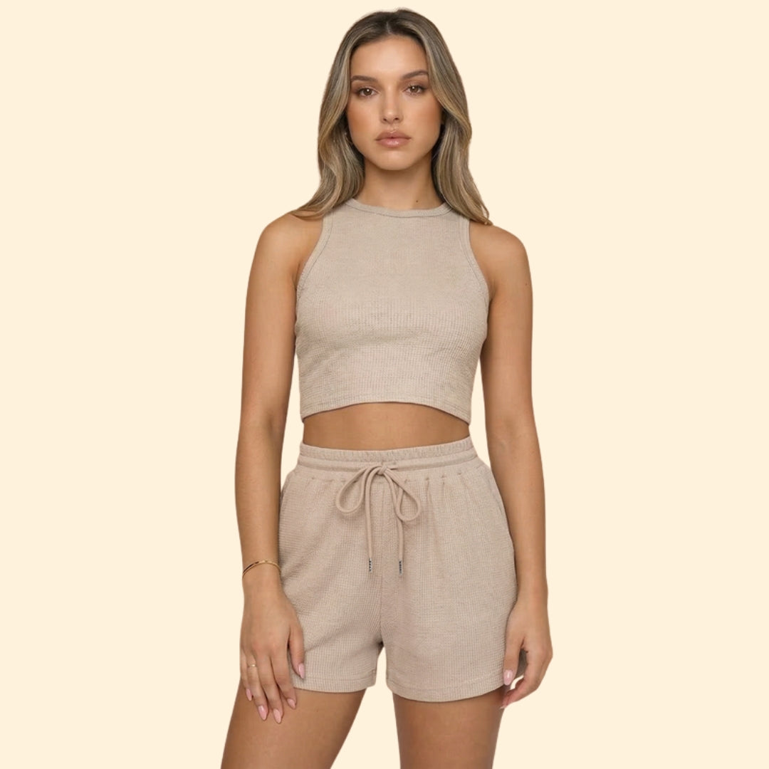 Women’s Sleeveless Top with High Neck and Elastic Shorts