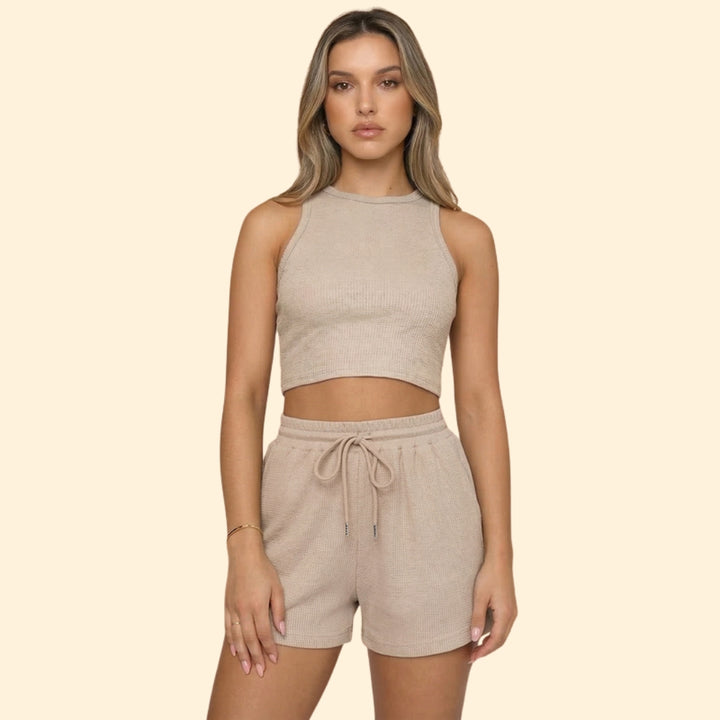 Women’s Sleeveless Top with High Neck and Elastic Shorts
