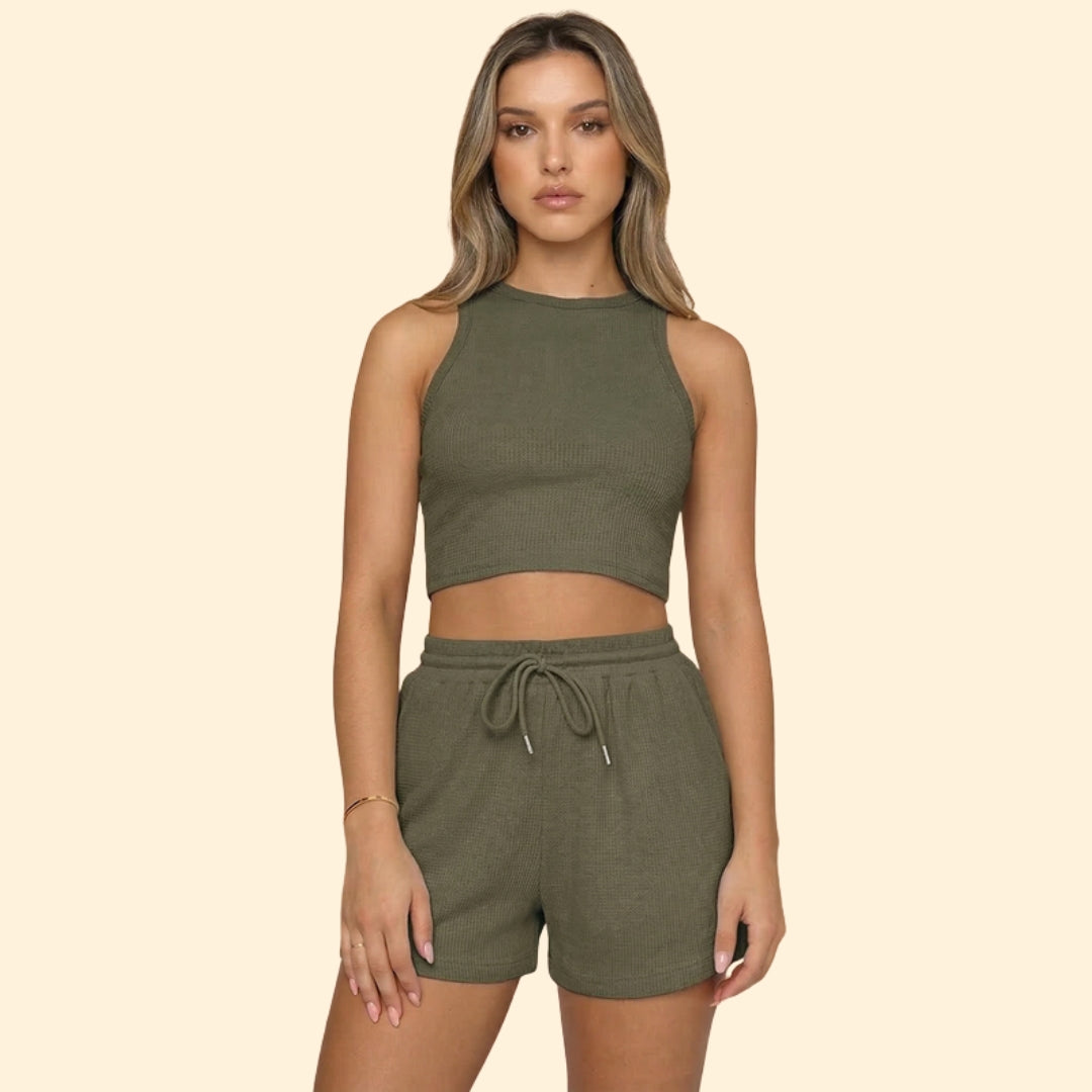 Women’s Sleeveless Top with High Neck and Elastic Shorts
