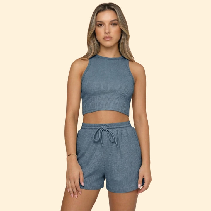 Women’s Sleeveless Top with High Neck and Elastic Shorts