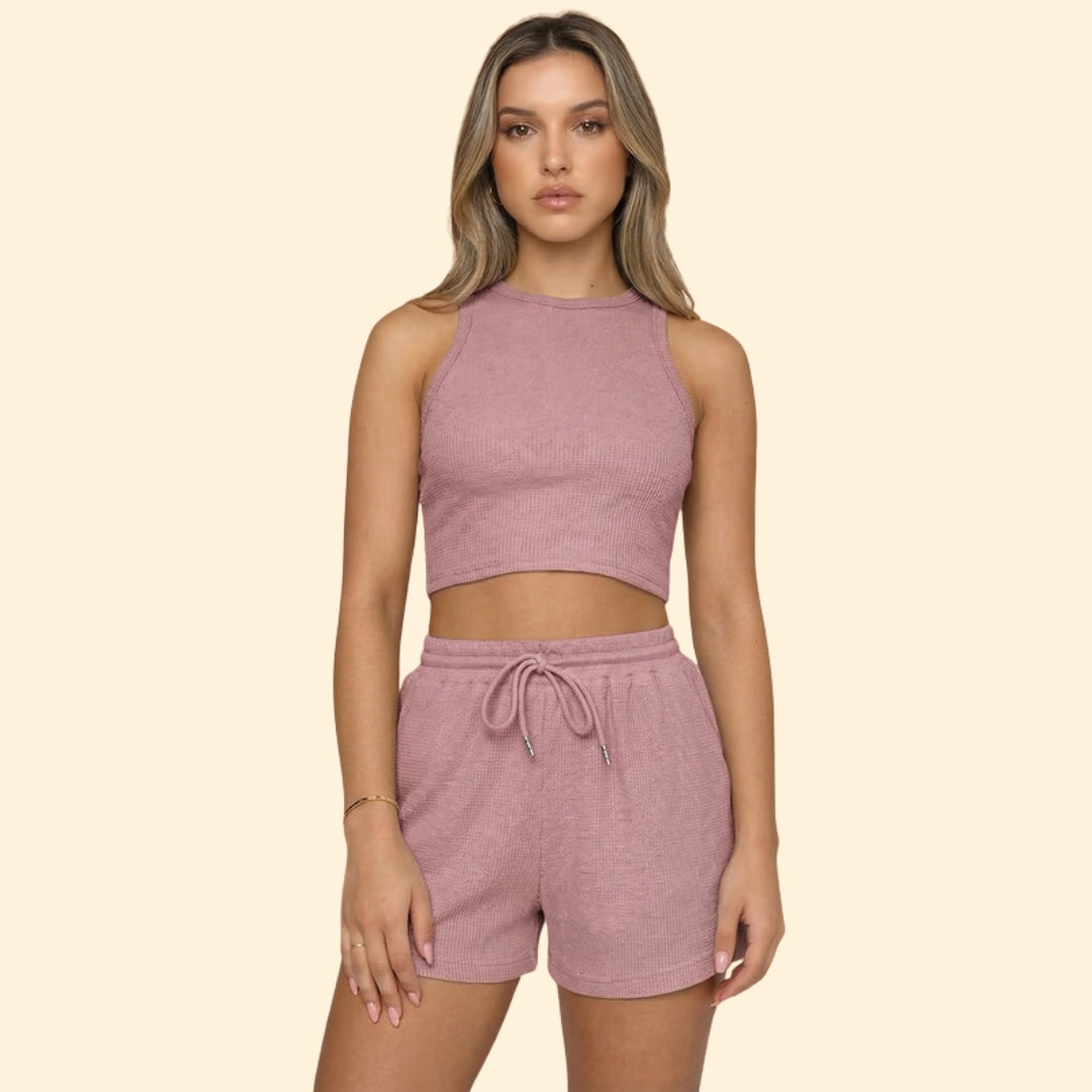 Women’s Sleeveless Top with High Neck and Elastic Shorts