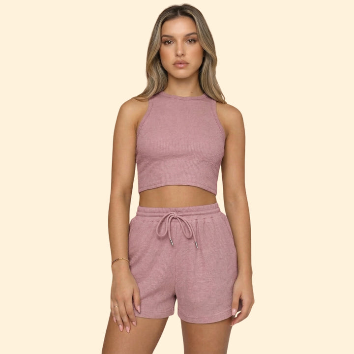 Women’s Sleeveless Top with High Neck and Elastic Shorts