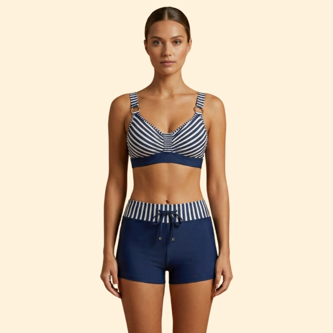 Women’s Striped Bikini Set with High-Waisted Shorts