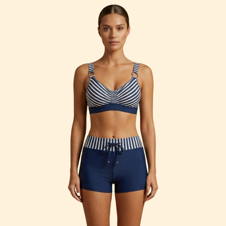 Women’s Striped Bikini Set with High-Waisted Shorts