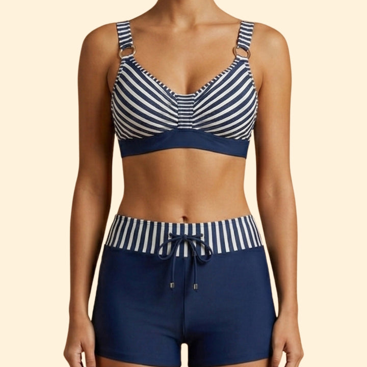 Women’s Striped Bikini Set with High-Waisted Shorts