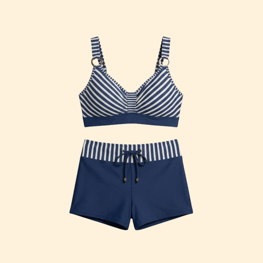 Women’s Striped Bikini Set with High-Waisted Shorts