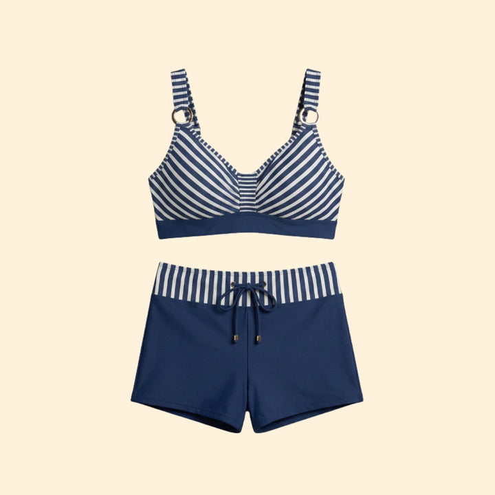 Women’s Striped Bikini Set with High-Waisted Shorts