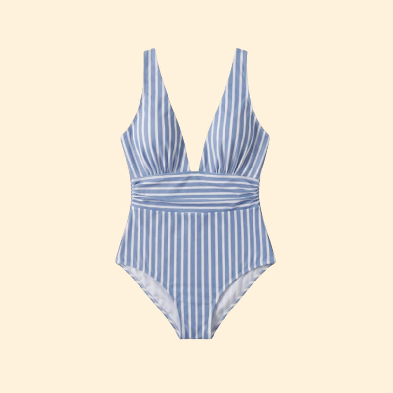 Women’s Striped One-Piece Swimsuit with Deep V-Neck
