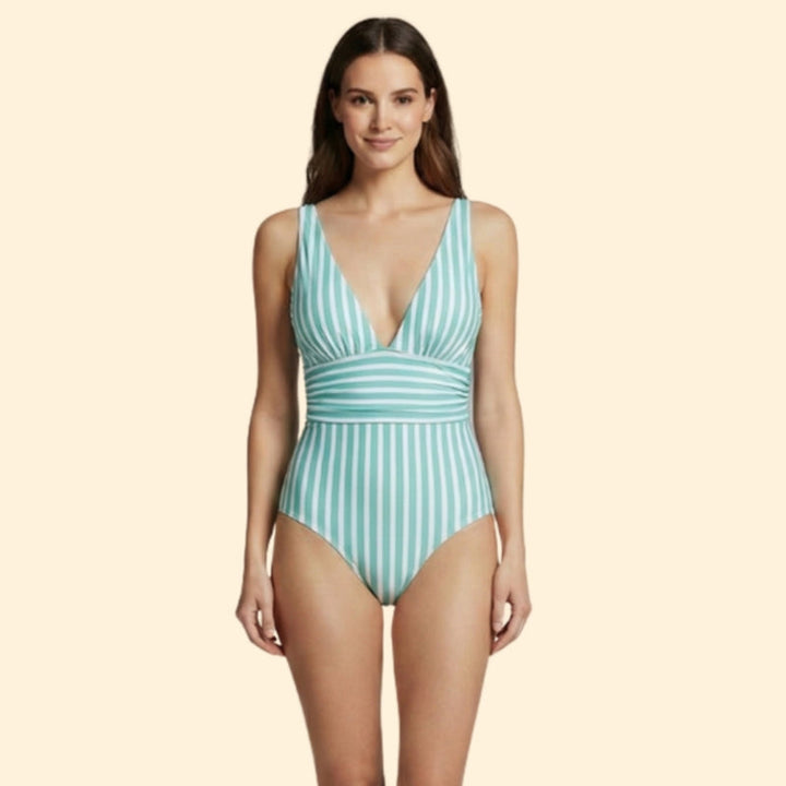 Women’s Striped One-Piece Swimsuit with Deep V-Neck