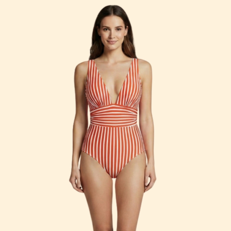 Women’s Striped One-Piece Swimsuit with Deep V-Neck