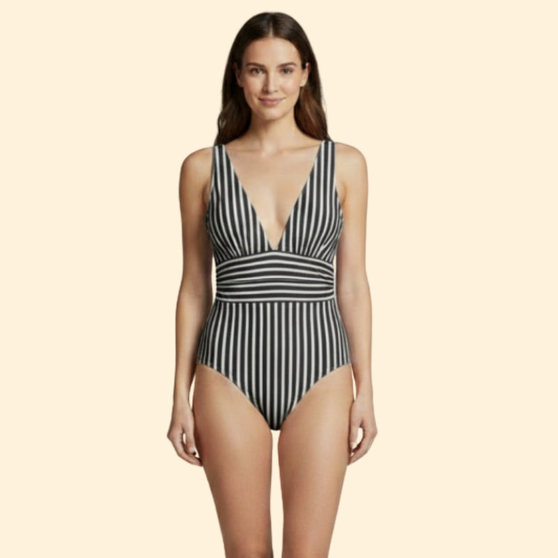 Women’s Striped One-Piece Swimsuit with Deep V-Neck