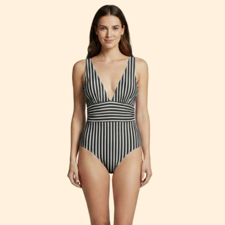 Women’s Striped One-Piece Swimsuit with Deep V-Neck