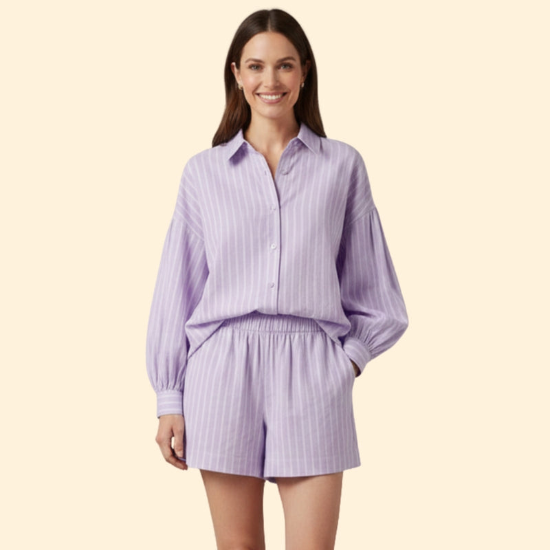 Women’s Striped Shirt and Drawstring Shorts Set