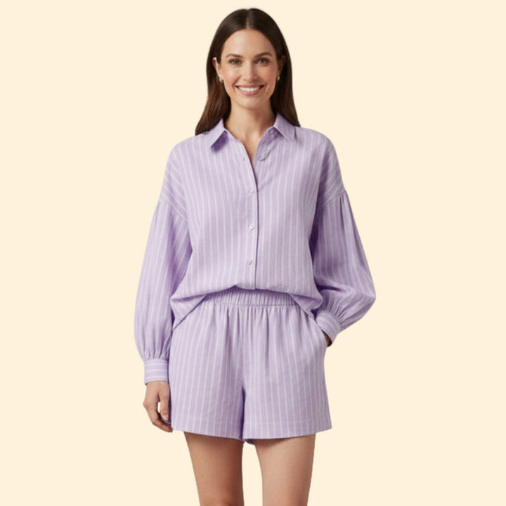 Women’s Striped Shirt and Drawstring Shorts Set